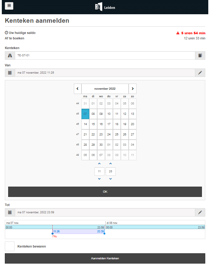 voorbeeld scherm datum en eindtijd invullen