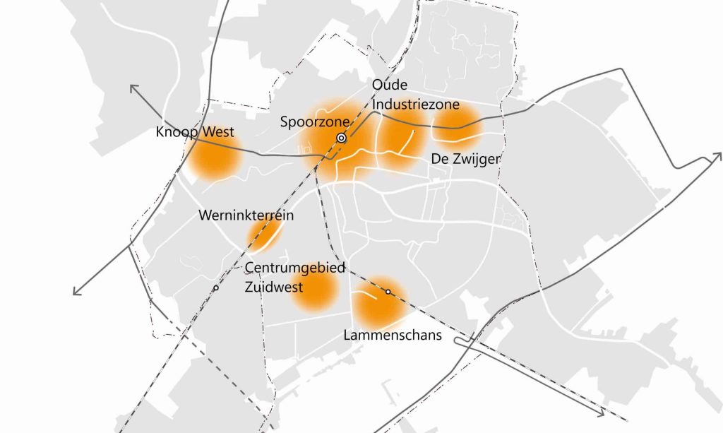 Kaart van Leidse regio. De stadsgebieden zijn lichtgrijs gekleurd. Ook zijn de gemeentegrenzen met een zwarte stippellijn aangegeven. De potentiegebieden zijn oranje gekleurd en de naam staat ernaast.