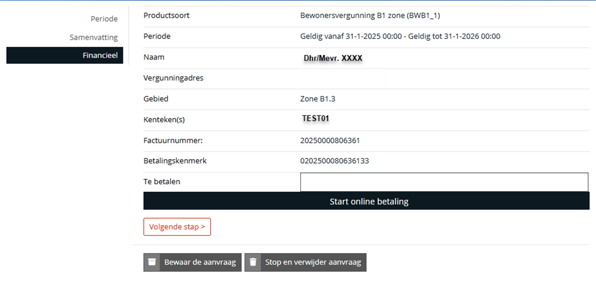 Stap 4 in het e-loket, de betaling