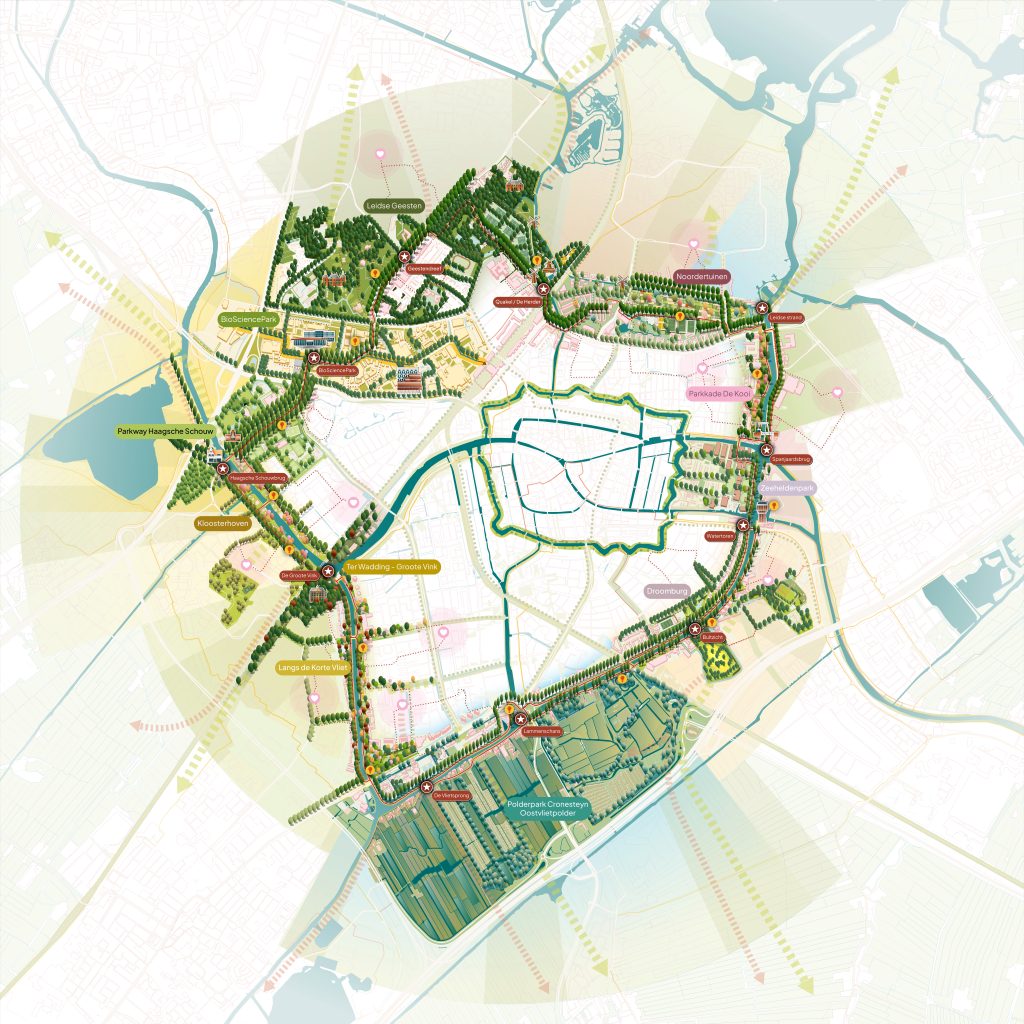 De afbeelding is een plattegrond van Leiden. Op de kaart is een groene ring om de stad te zien. Ook zijn de namen van belangrijke plekken aangegeven.