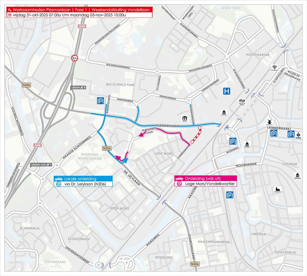 Plattegrond van werkzaamheden en afsluitingen Plesmanlaan, fase 1.