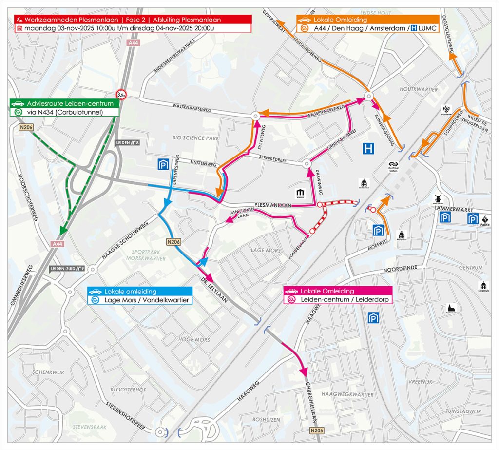 Plattegrond van werkzaamheden en afsluitingen Plesmanlaan, fase 2.