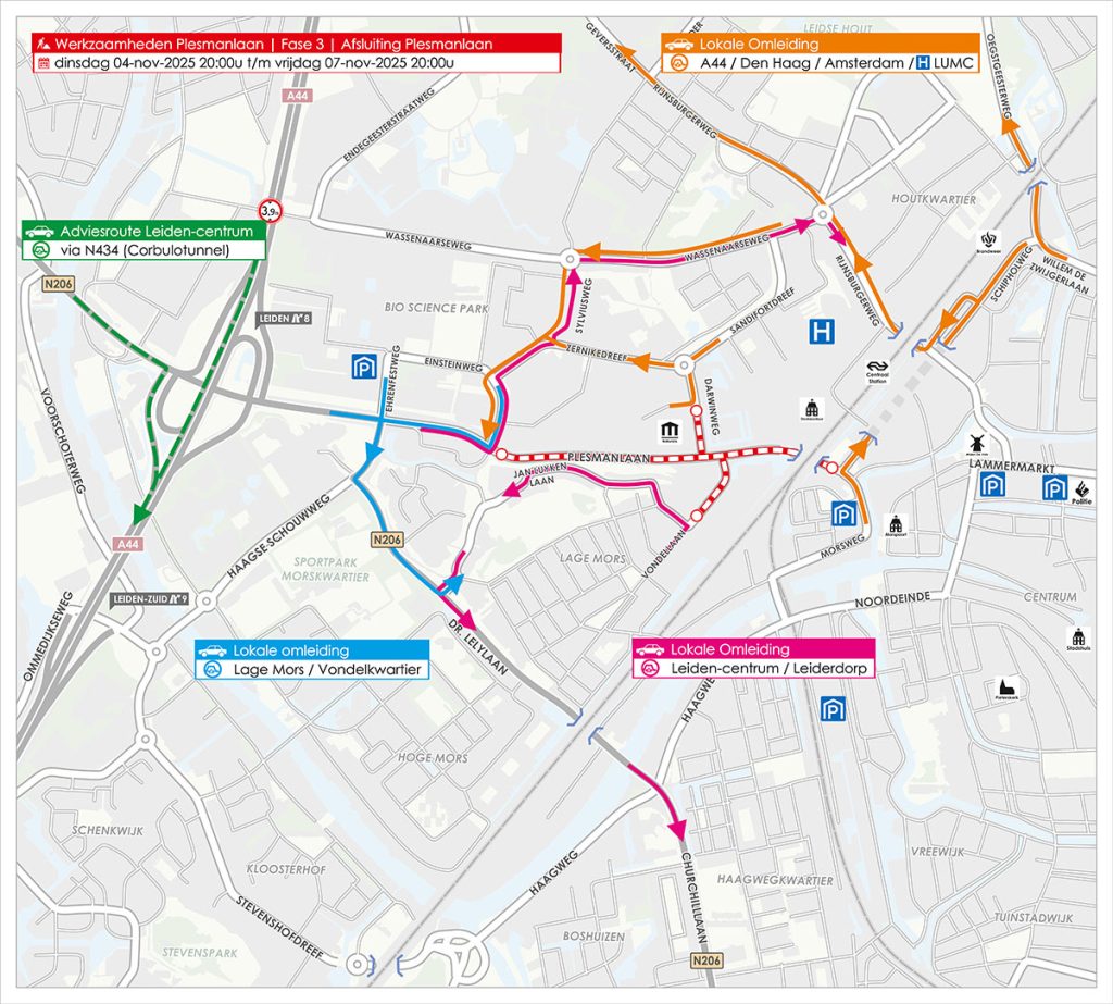 Plattegrond van werkzaamheden en afsluitingen Plesmanlaan, fase 3.