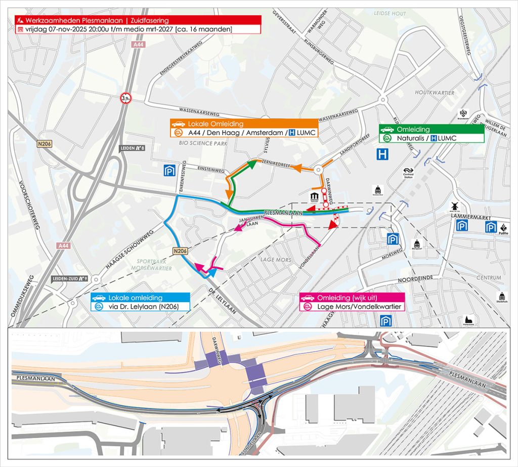 Plattegrond van werkzaamheden en afsluitingen Plesmanlaan, fase 4.