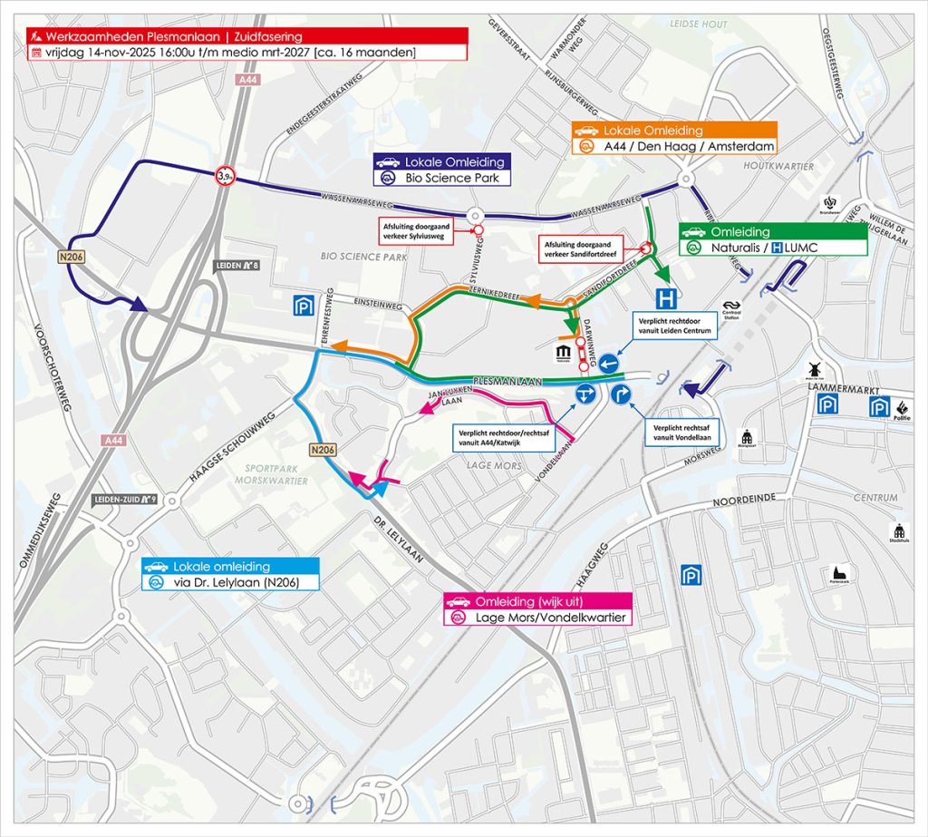Plattegrond van werkzaamheden en afsluitingen Plesmanlaan, fase 5.