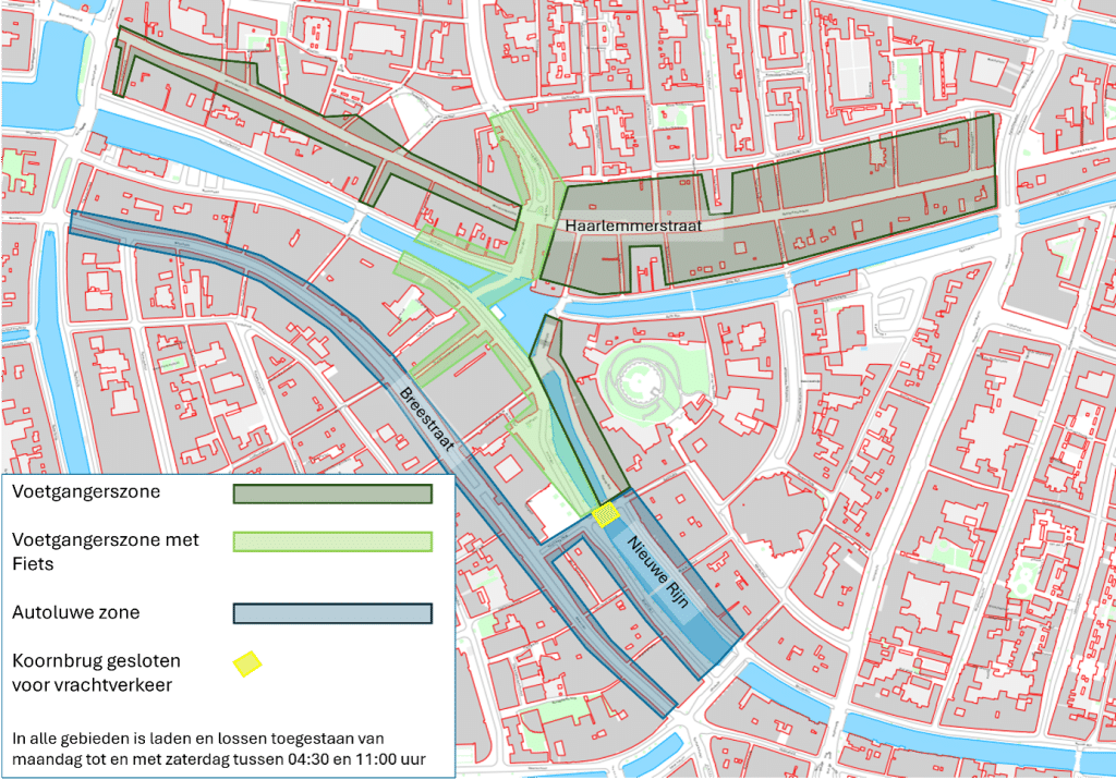 Kaart met overzicht voetgangerszone, voetgangerszone met fiets en autoluwe zone binnenstad Leiden.